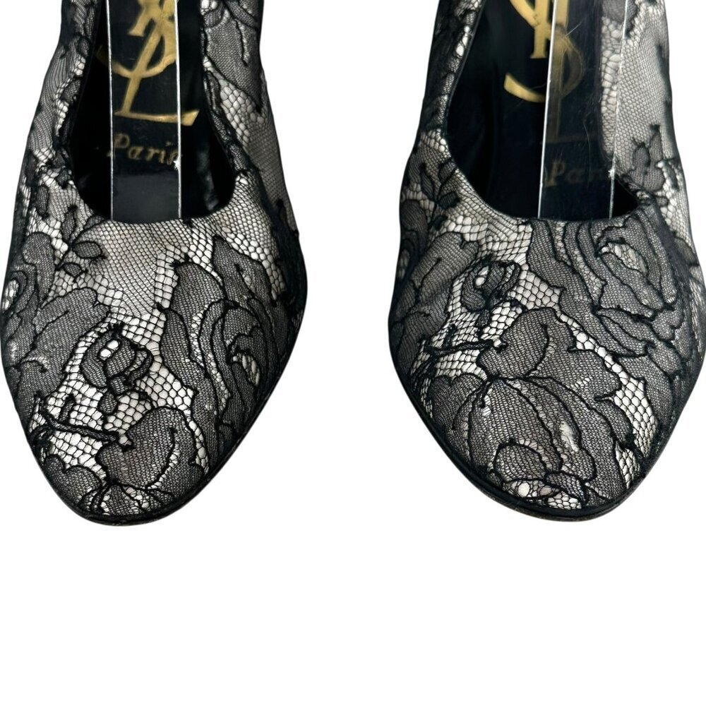 Vintage YSL Black Lace Slingback Pumps Size 7.5 Yves St Laurent - Picture 2 of 12